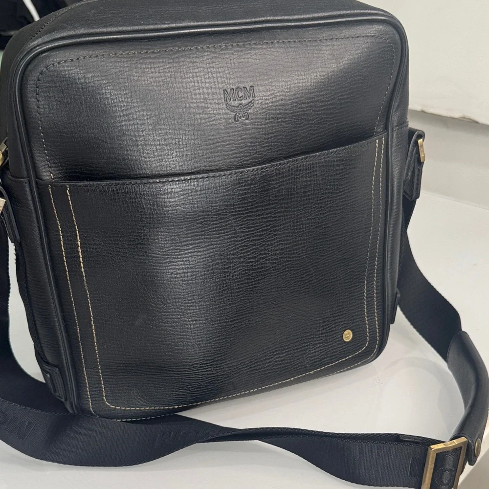 MCM Black Leather Messenger Bag